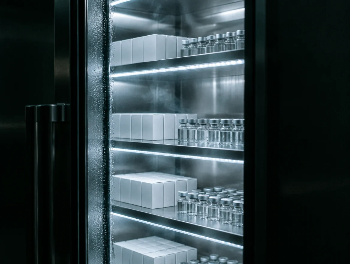 Interior de sala de armazenagem farmacêutica com prateleiras metálicas em perspectiva